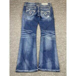 women’s Rock Revival Jeans 34 Heidi Boot Cut Embellished Distressed Thick Stitch